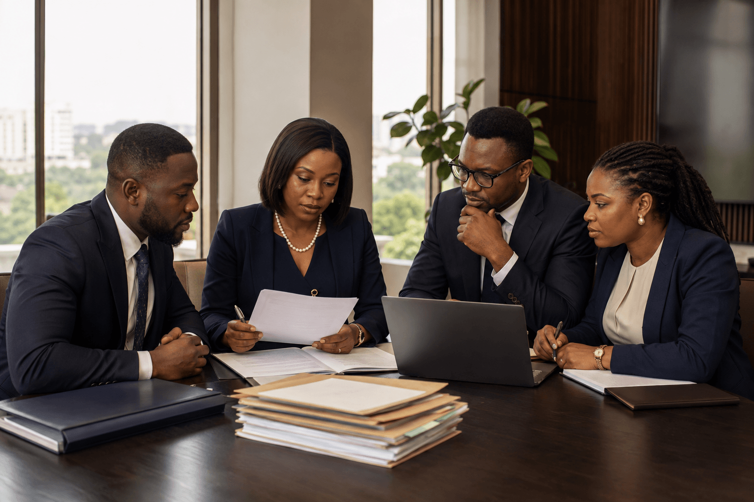 Nigerian professionals reviewing documentary evidence together