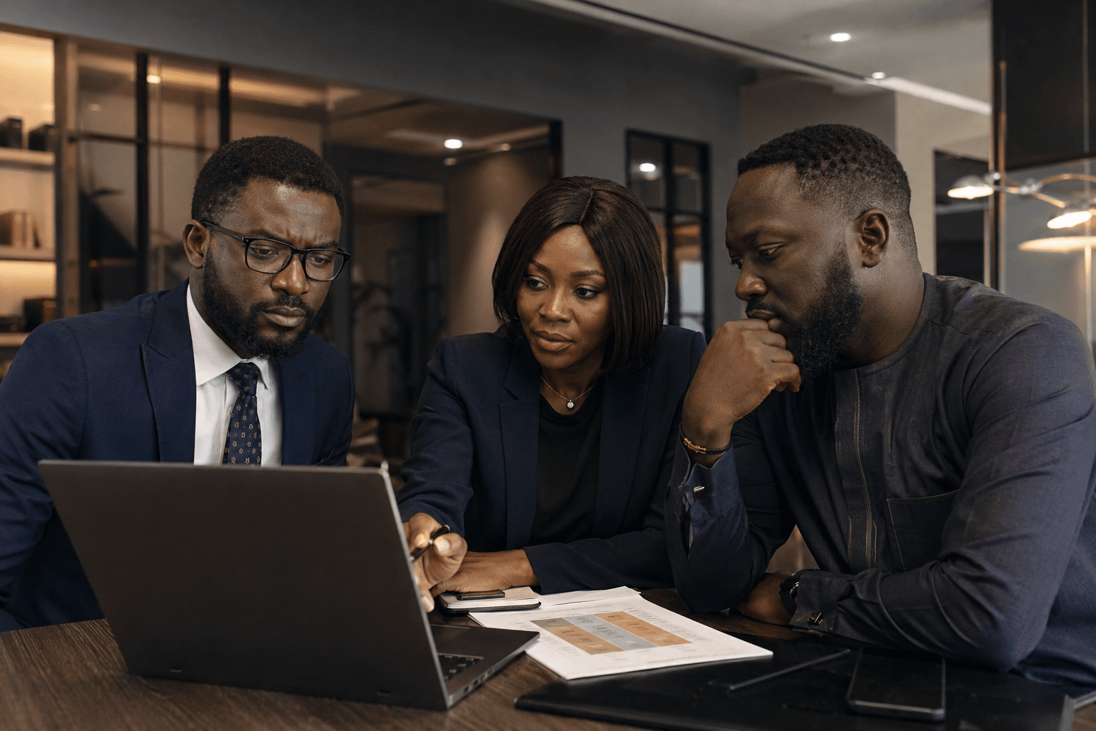 Nigerian financial-services professionals reviewing compliance information