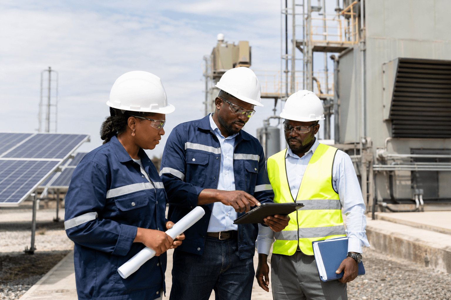 Nigerian technical professionals reviewing information during an infrastructure and energy site assessment