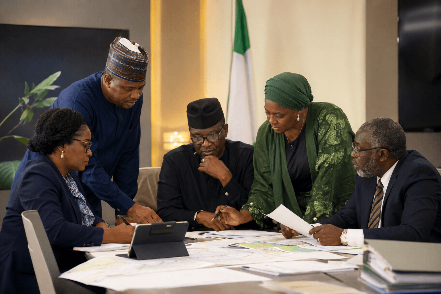 Nigerian public-sector professionals reviewing programme plans and assurance documentation